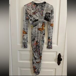 Vintage Mesh Newspaper Print Sheer 90s Y2K Long Sleeve Ruched Fitted Midi Dress